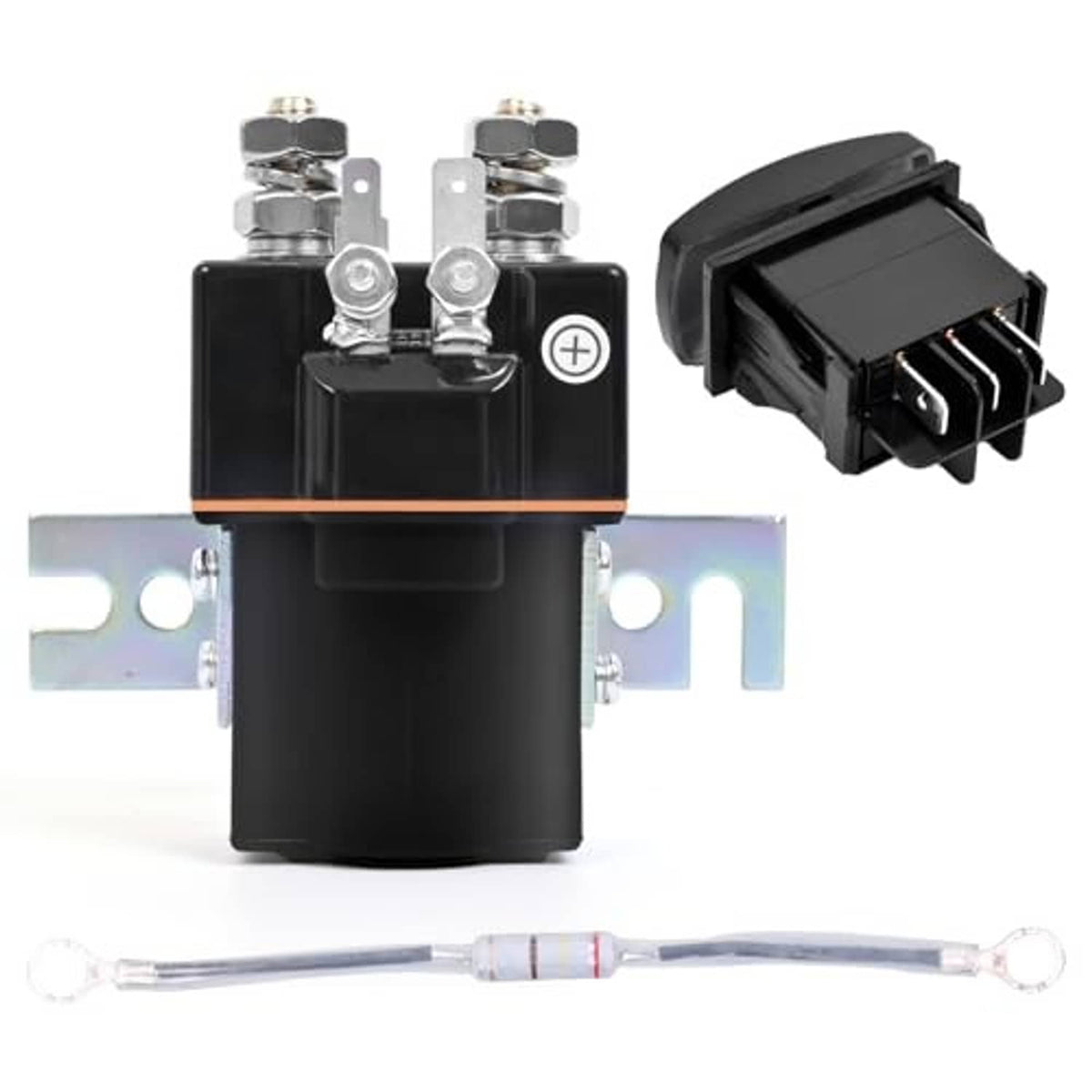 Black solenoid with twin terminals and plus-ring, mounted bracket, and plug connector