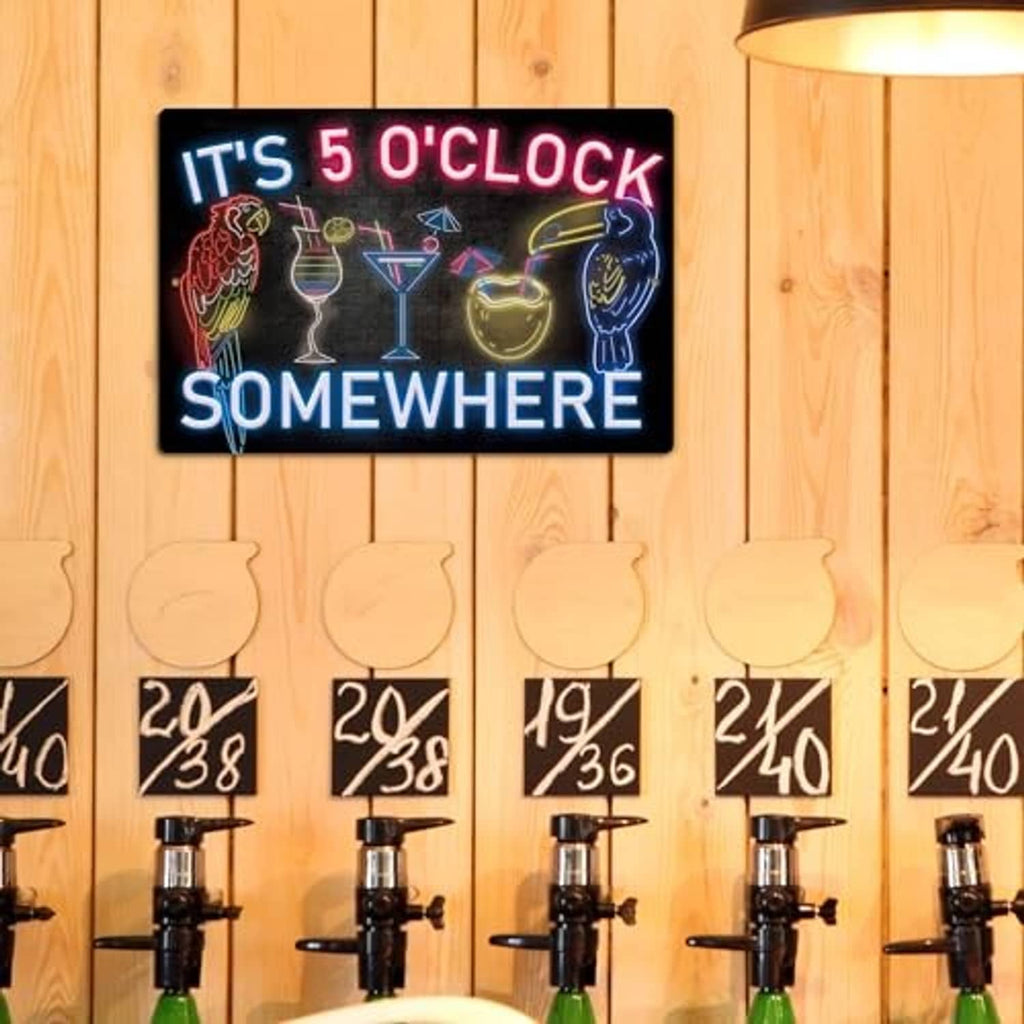 Neon metal tin sign displaying 'IT'S 5 O'CLOCK SOMEWHERE' with colorful cocktail icons