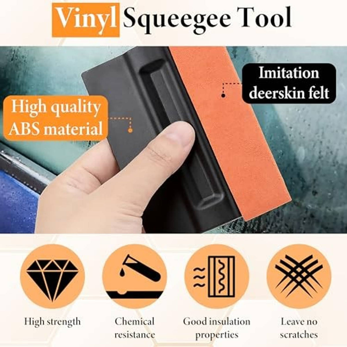 Vinyl wrap squeegee tool with black body and orange felt edge for smoothing