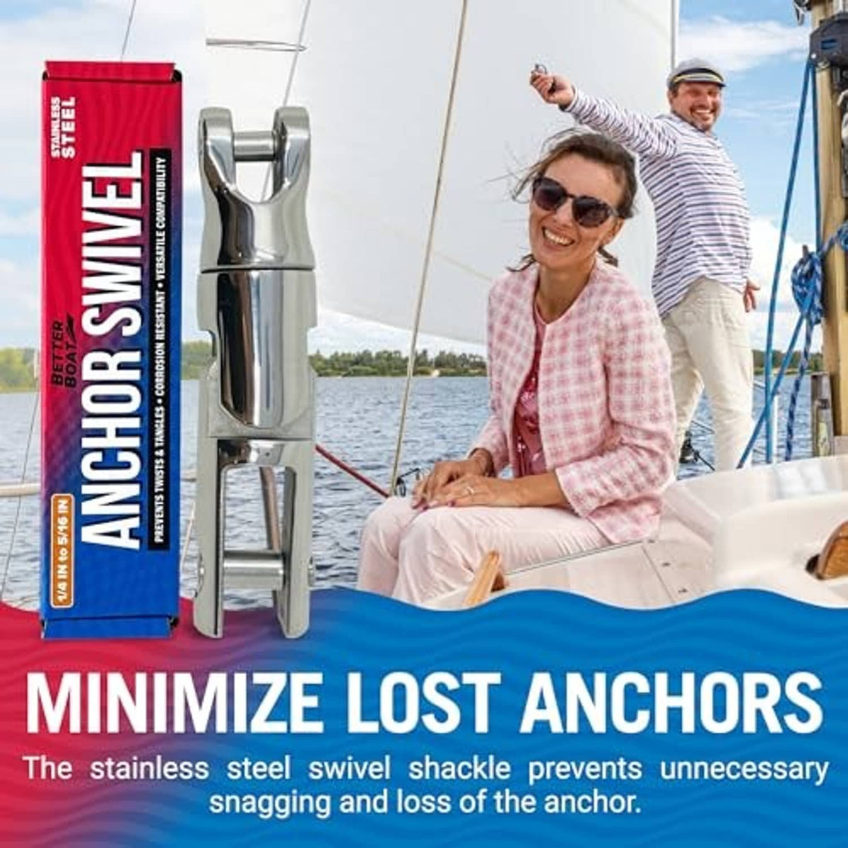 Stainless steel anchor swivel shackle with retail box displayed beside a boat