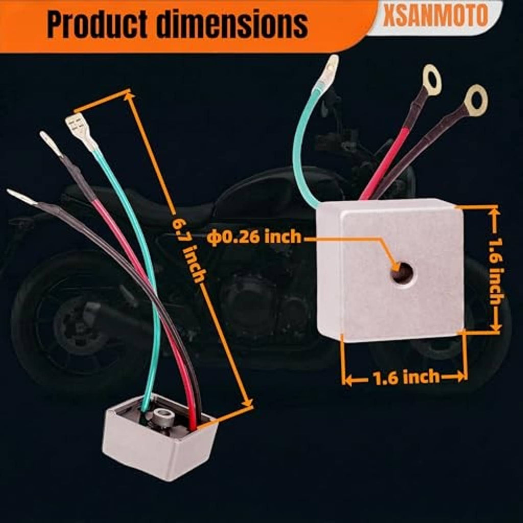 Voltage regulator rectifier with product dimensions diagram and wire lead lengths
