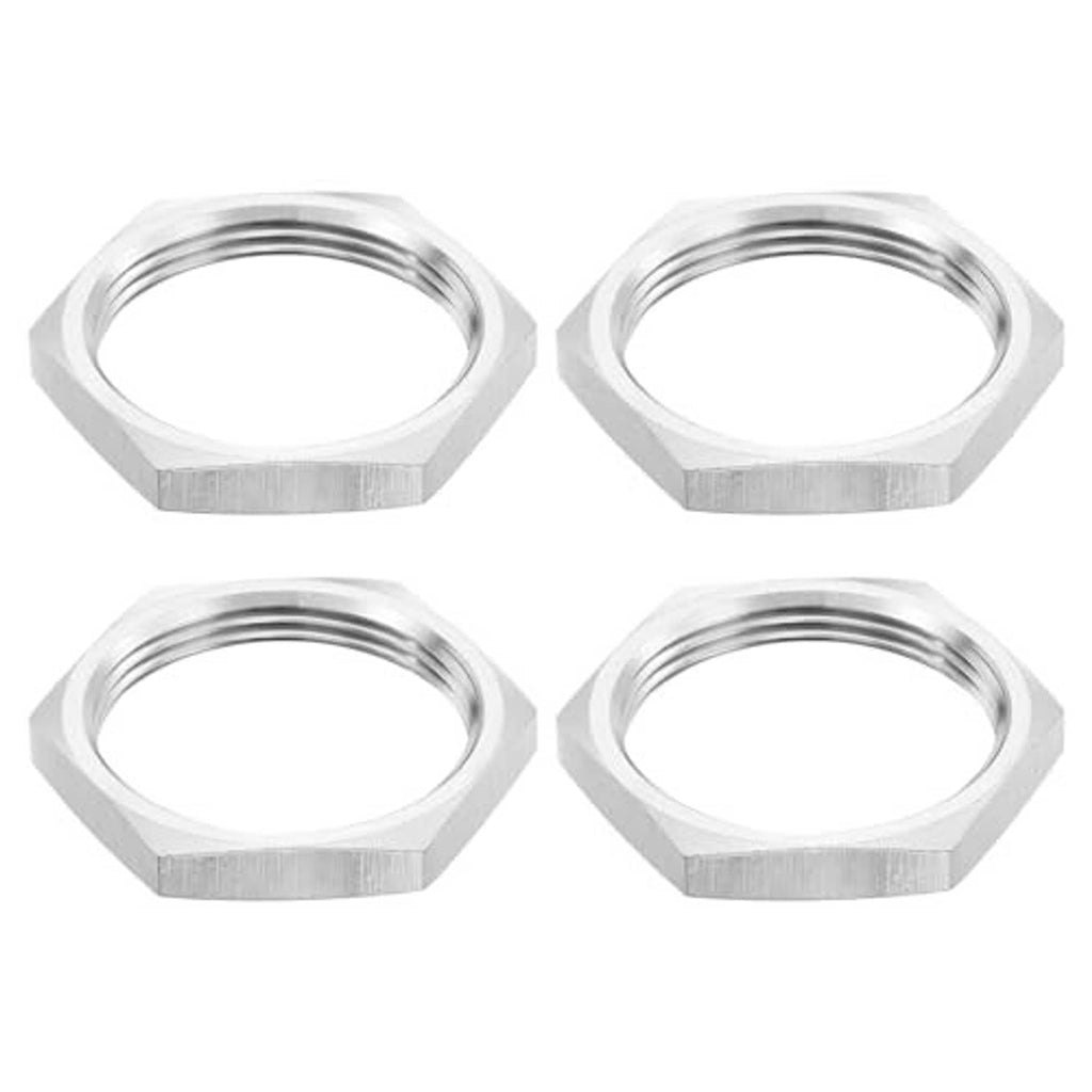 Thin hex lock nuts, silver finish, six-sided profile, threaded center holes