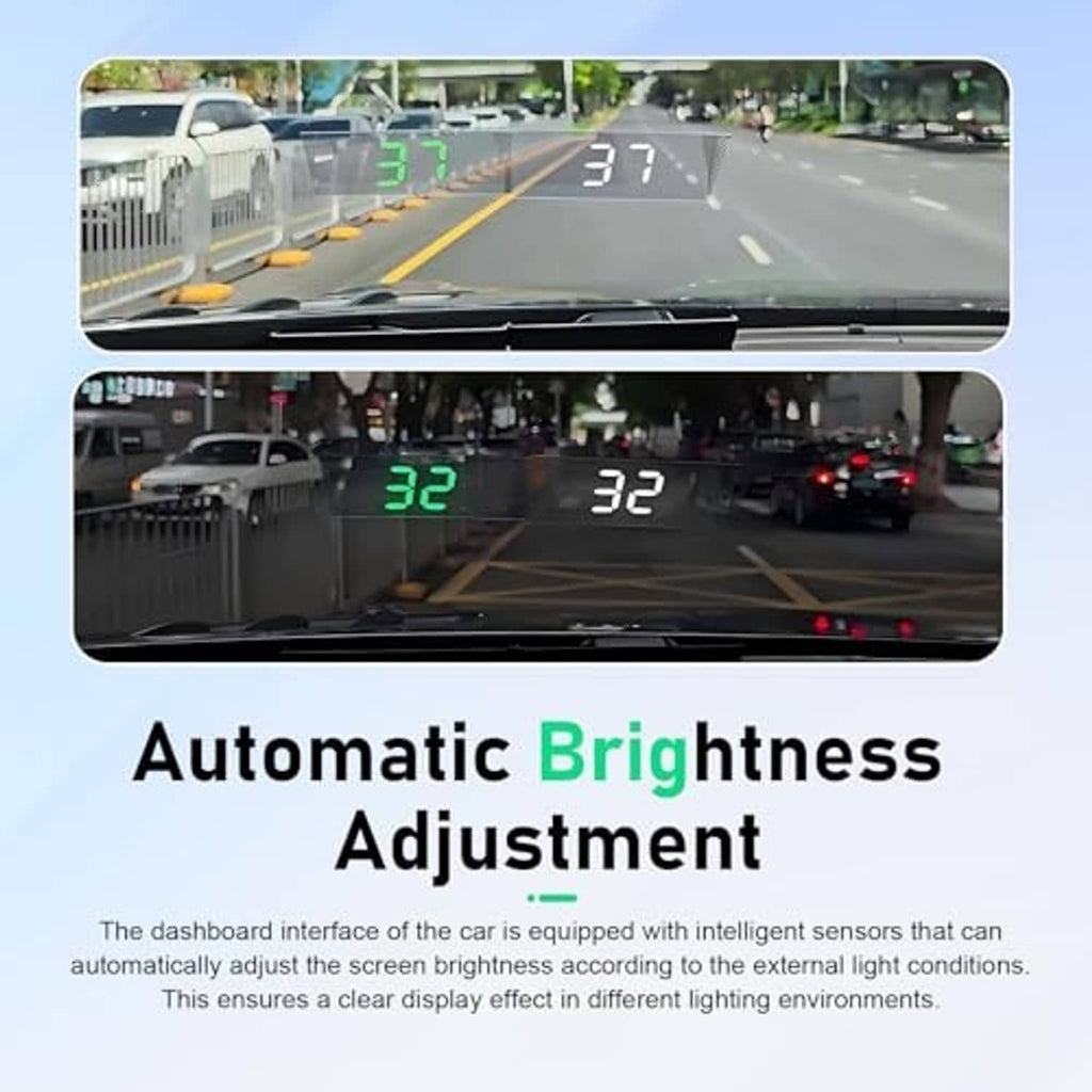 Green speed numbers projected on windshield, dual-digit display while driving
