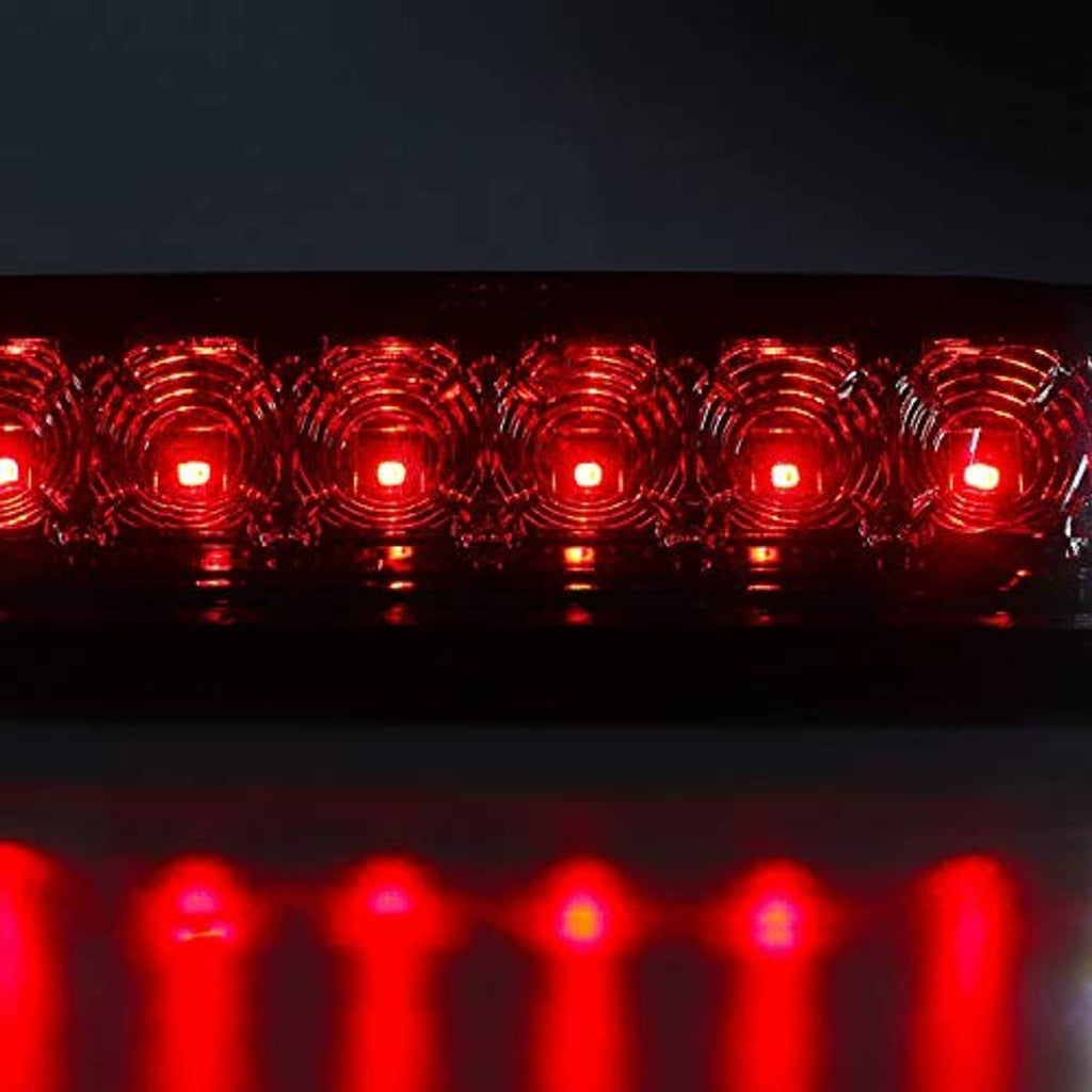 Red LED third brake light panel close-up, chrome housing around the LEDs.