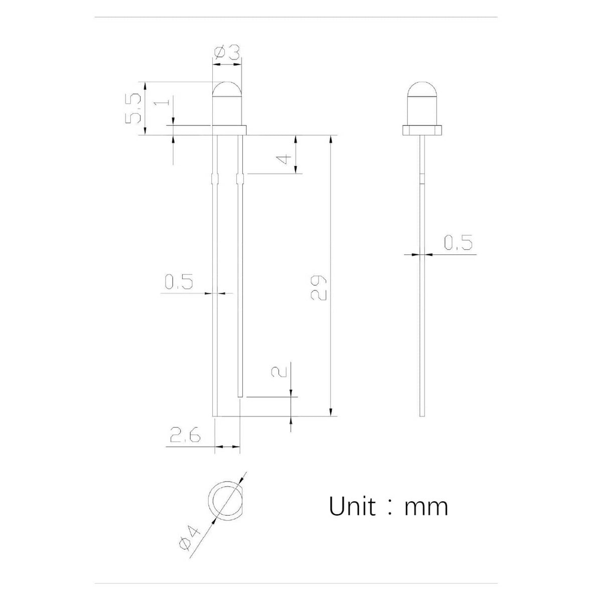 3mm LED diode dimensions diagram with 2-pin leads and lens size marks