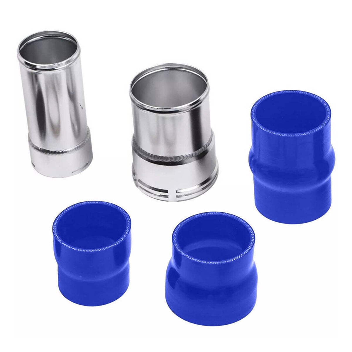 Intercooler pipe boot set: blue silicone couplers and stainless steel sleeve adapters