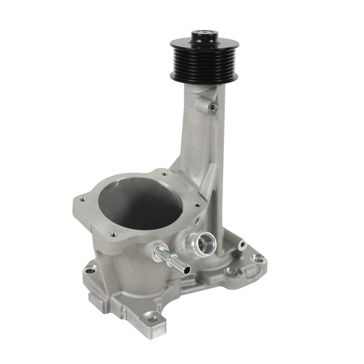 Supercharger snout with black ribbed pulley and circular intake opening on metal body
