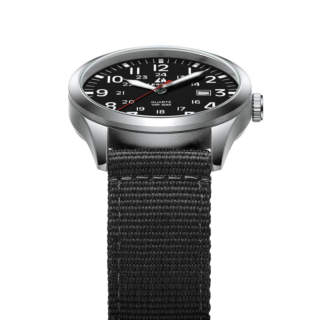 Silver-tone analog wristwatch with black dial and textured black nylon strap