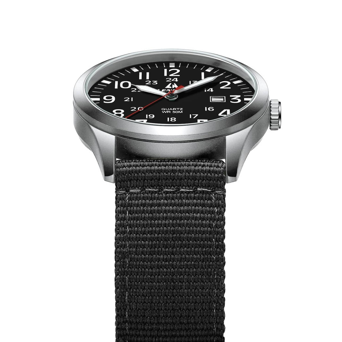 Silver-tone analog wristwatch with black dial and textured black nylon strap