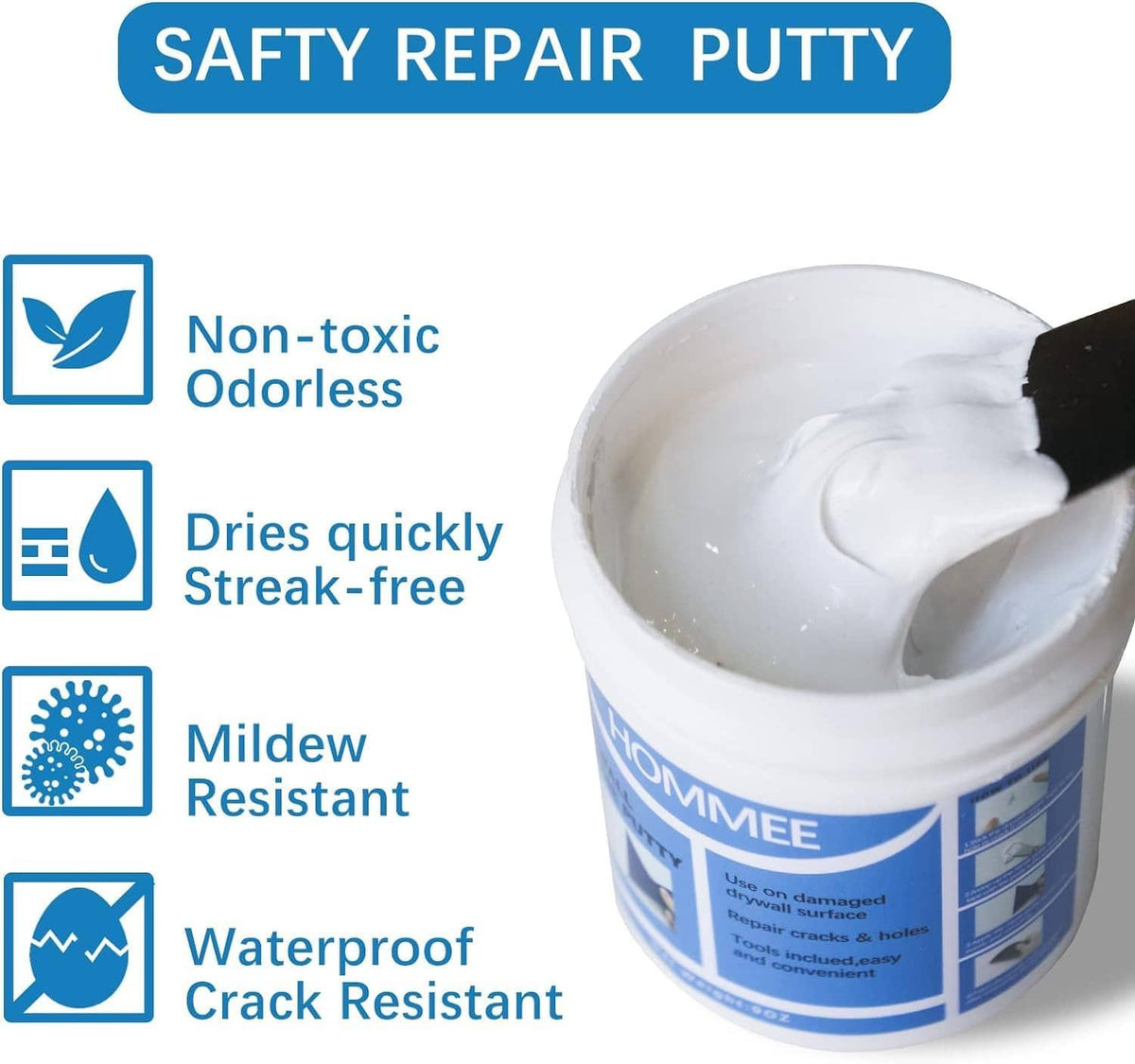 Drywall repair putty shown in jar, smooth white paste on a spatula