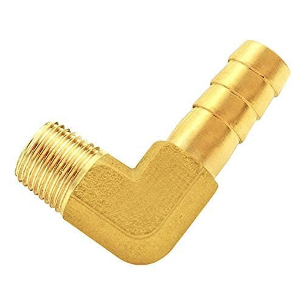 Brass 90-degree hose barb elbow fitting with two threaded sections and barb outlet