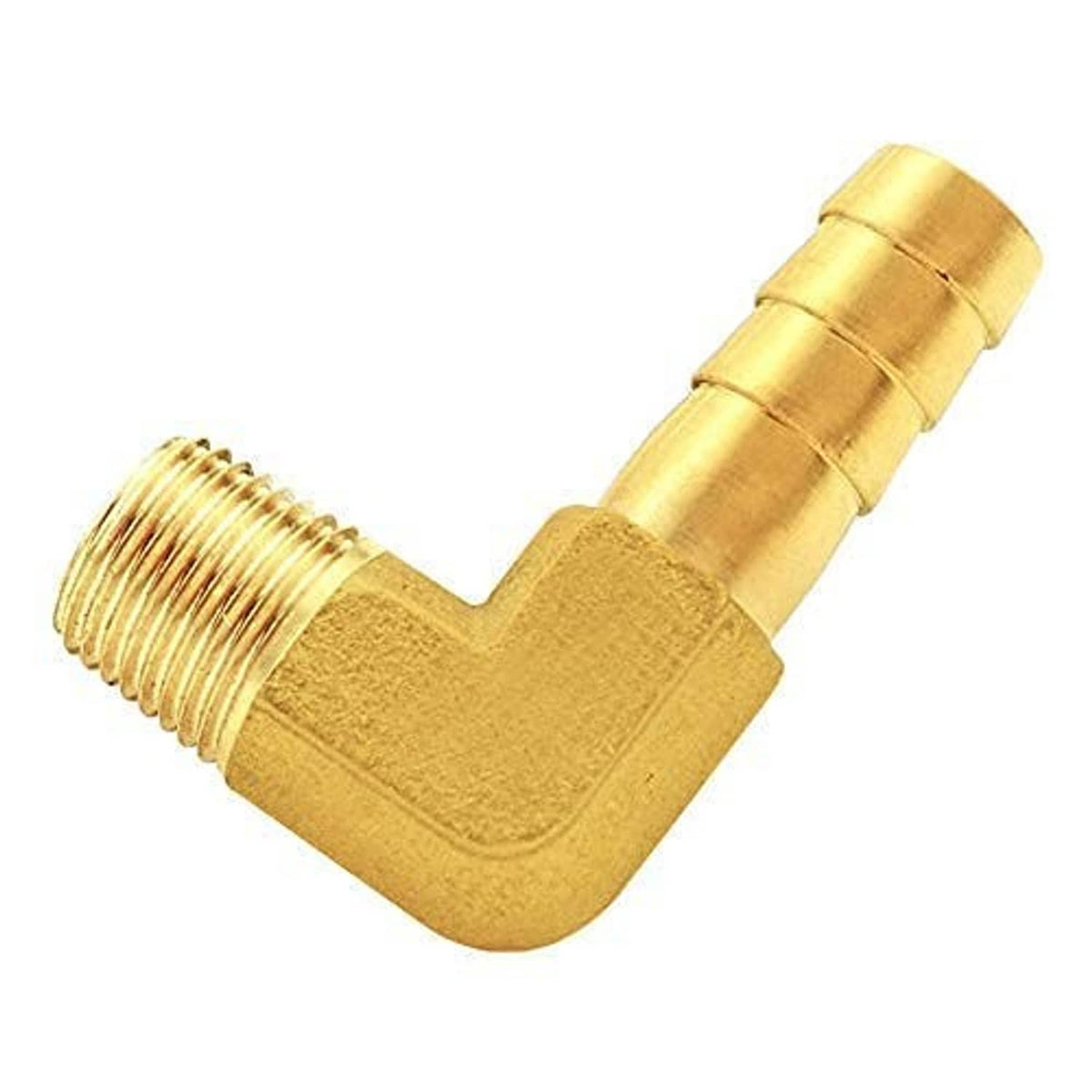 Brass 90-degree hose barb elbow fitting with two threaded sections and barb outlet