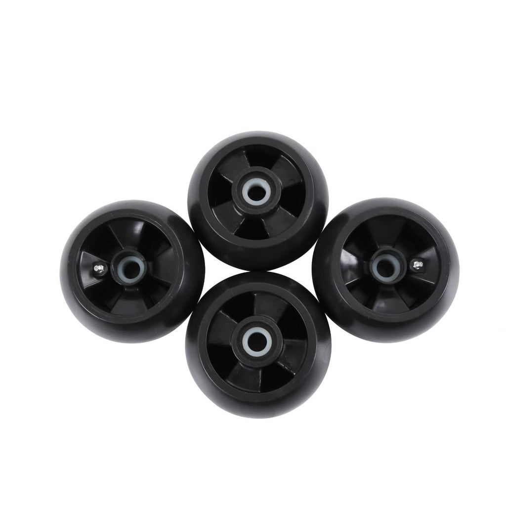 Four black deck mower wheels with center bearings for mower deck replacement
