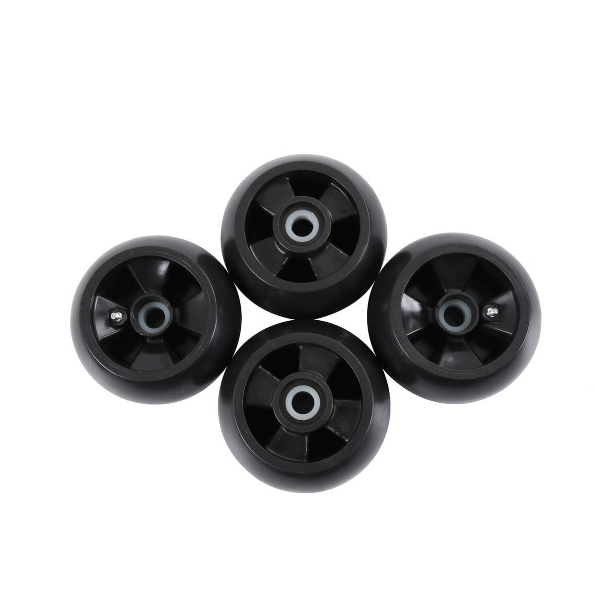 Four black deck mower wheels with center bearings for mower deck replacement