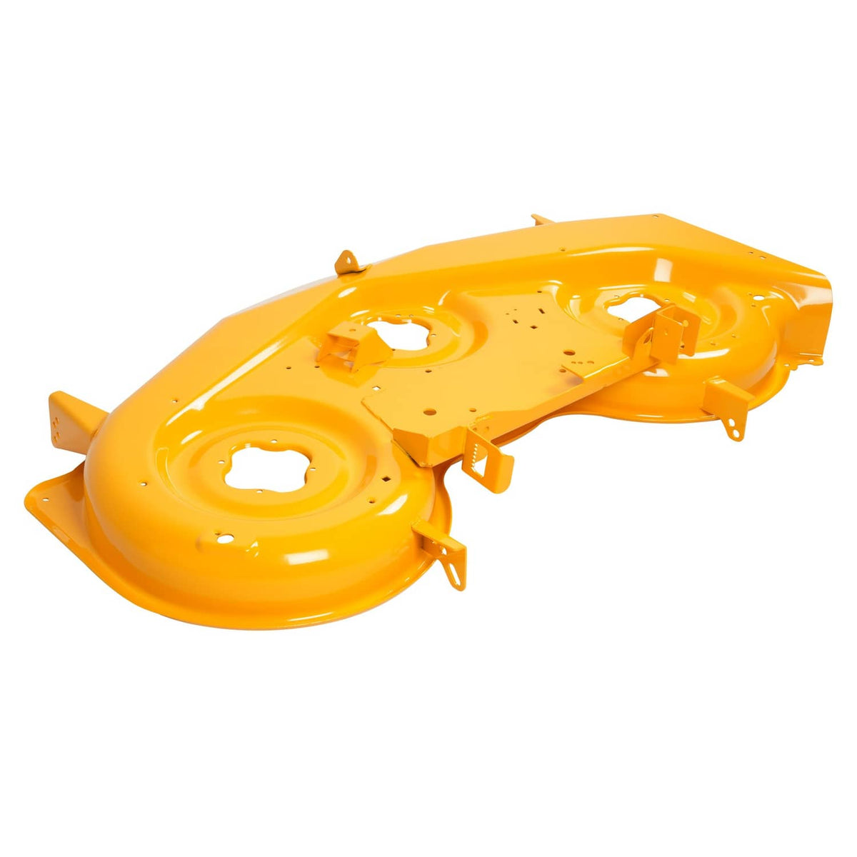 Yellow mower deck shell with discharge-side opening and reinforced brackets