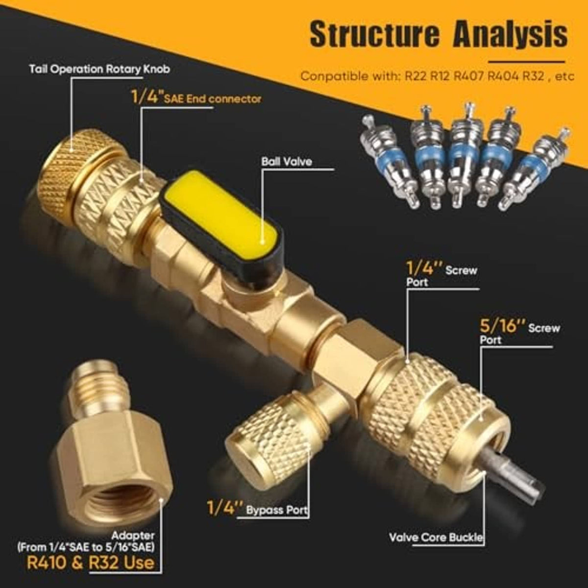 Brass valve core remover with rotary knob and textured grip, shown with valve core set