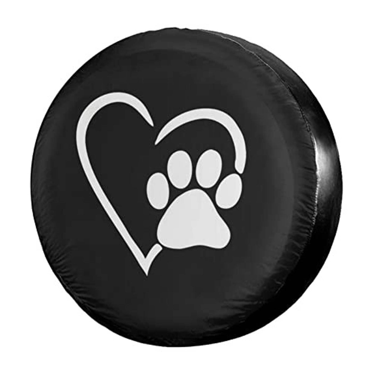 Black spare tire cover with white heart and dog paw outline graphic