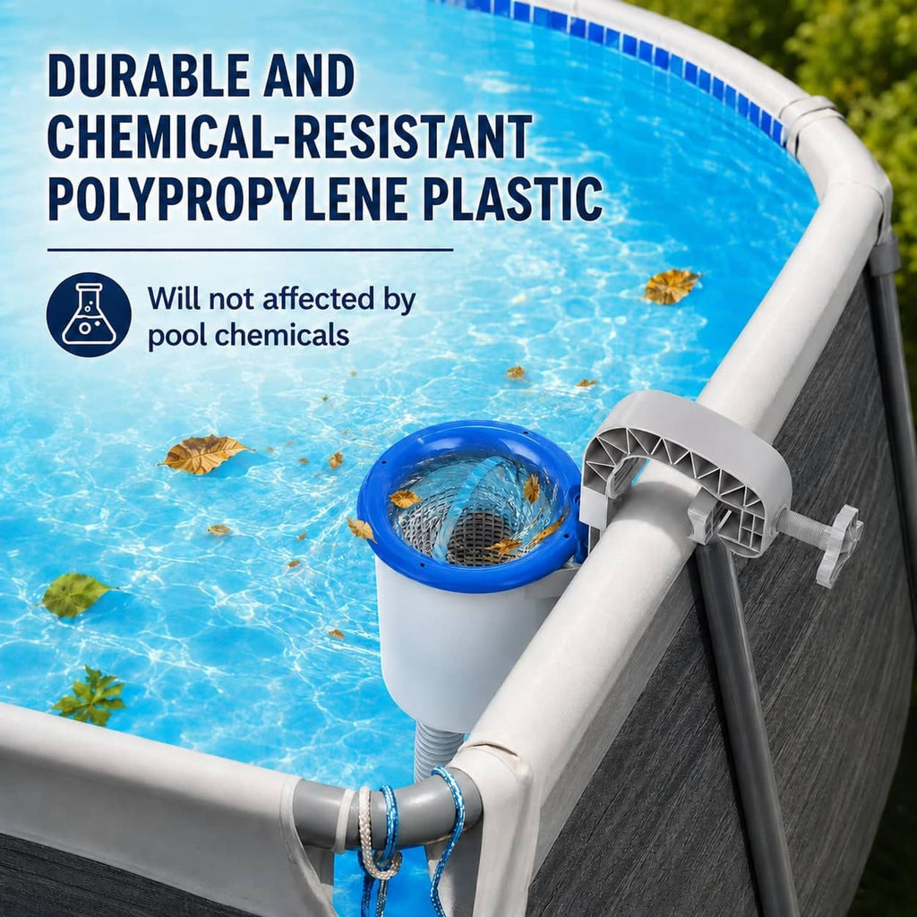 Above-ground pool skimmer with white intake tube and gray frame, blue basket inside