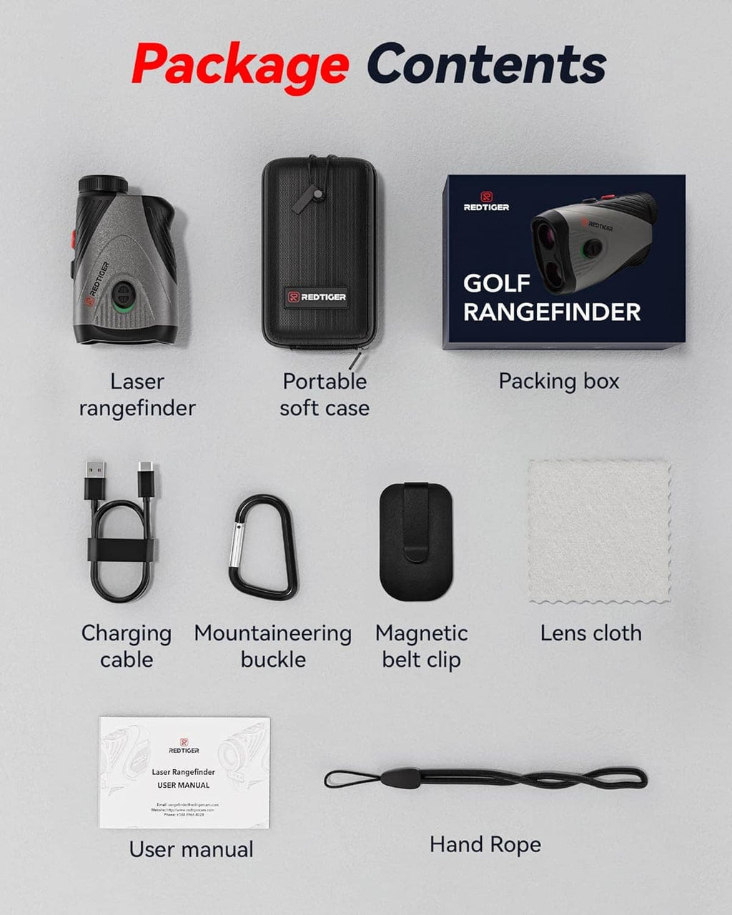 Golf laser rangefinder package contents: soft case, charging cable, belt clip, accessories