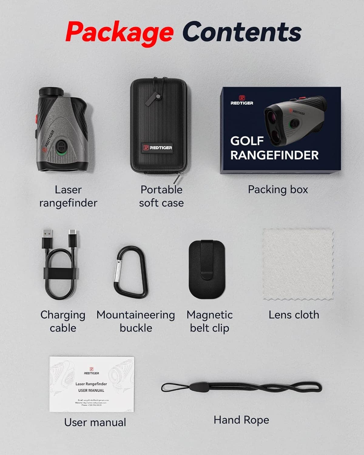 Golf laser rangefinder package contents: soft case, charging cable, belt clip, accessories