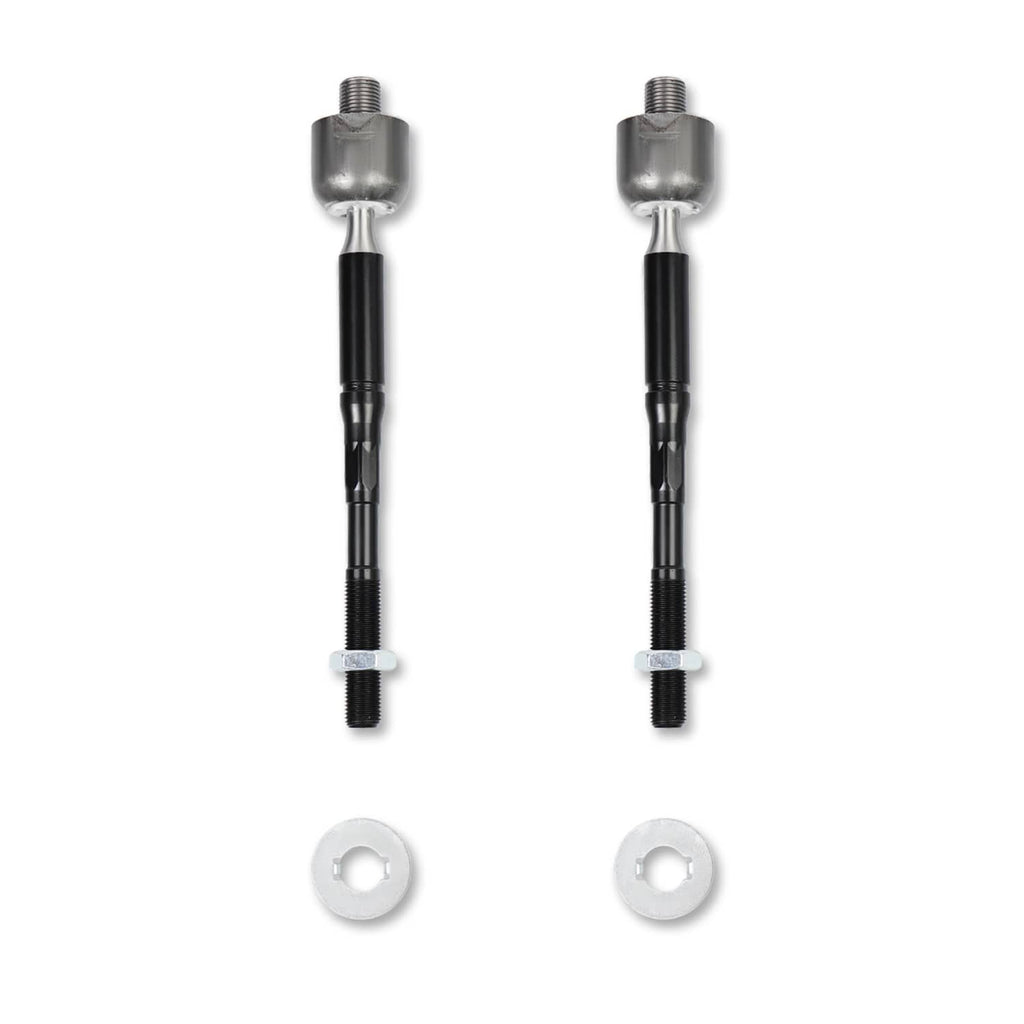 Two black stabilizer link rods with threaded studs and round washers