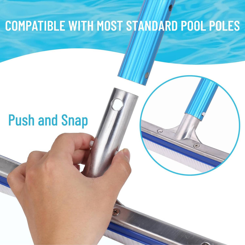 Pool brush head with push-and-snap aluminum handle connection and blue bristle strip