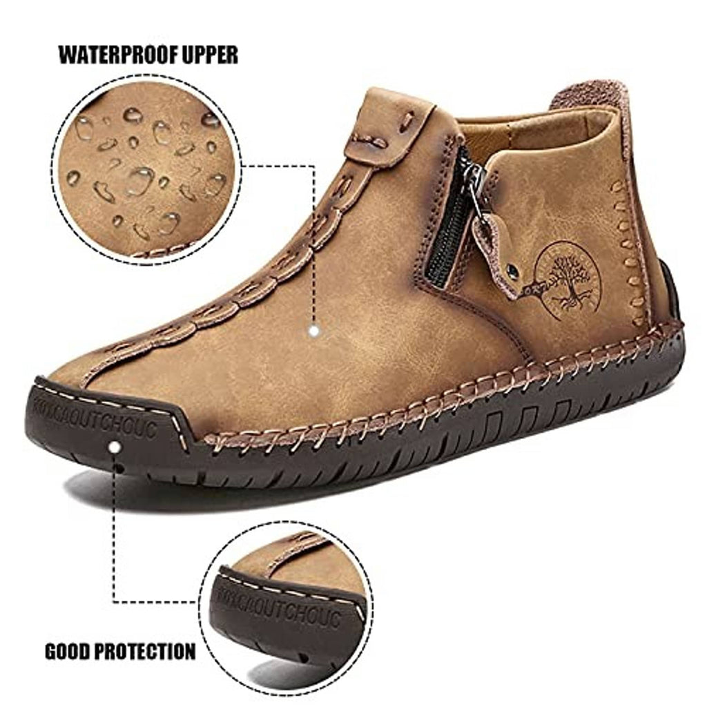 Men's tan chukka ankle boot with side zipper and stitched water-resistant upper detail