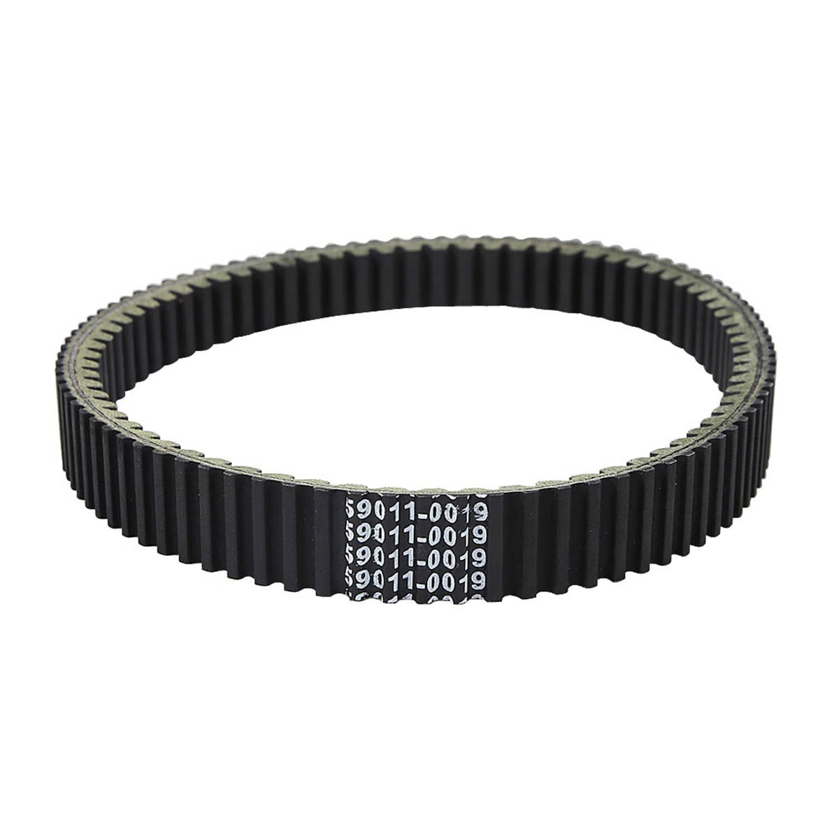 Clutch drive belt with black ribbed teeth and center label with part numbers