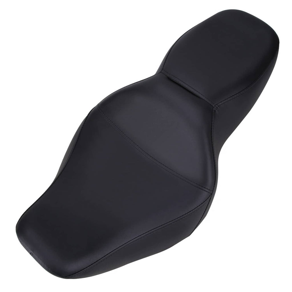 Black motorcycle passenger seat with curved profile and stitched panel detailing