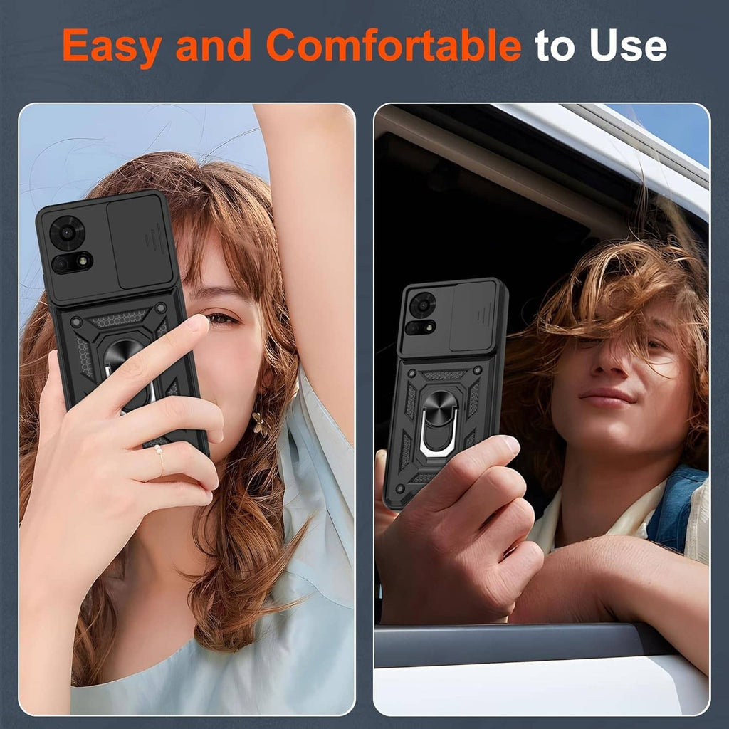 Black rugged phone case on a phone, textured grip and ring kickstand