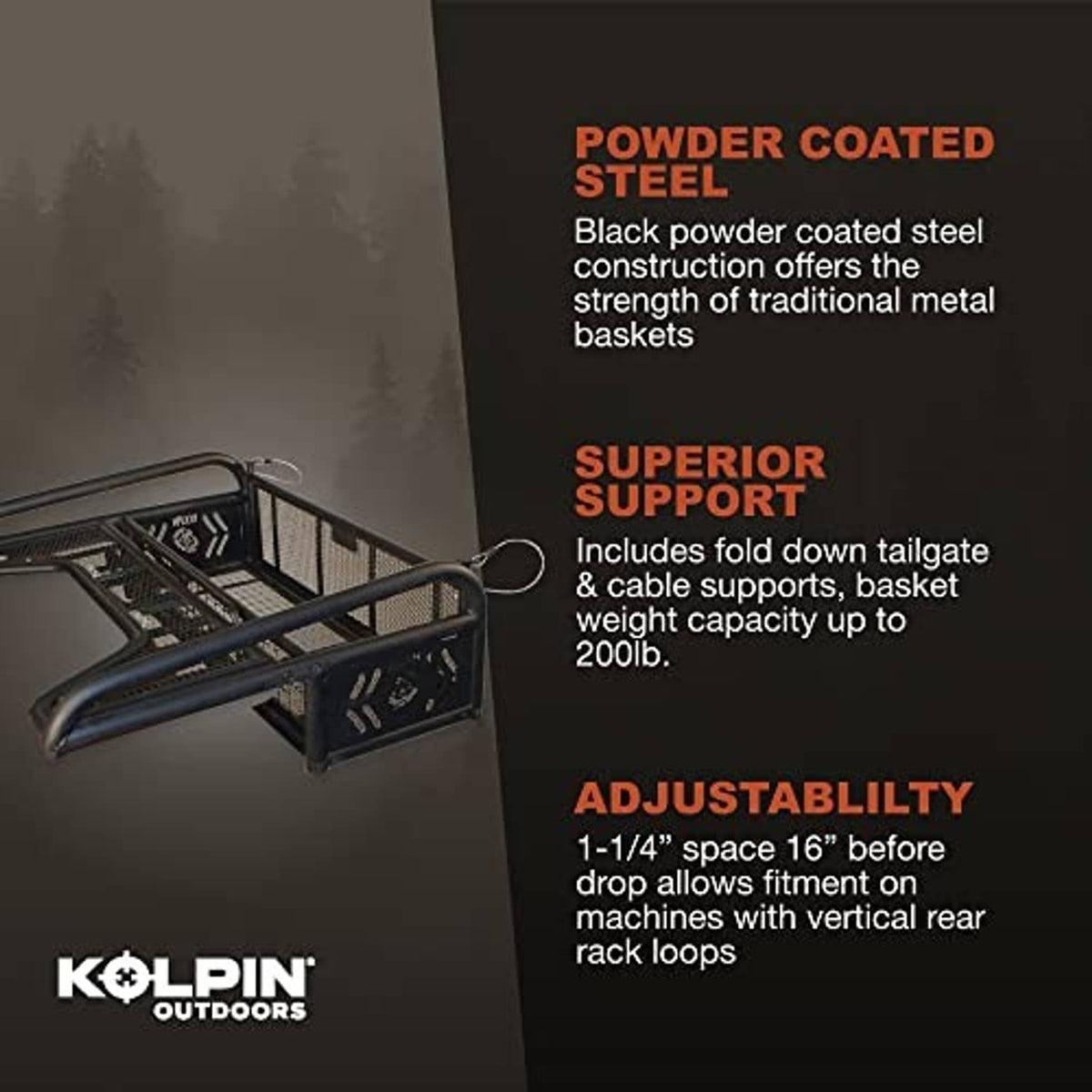 Black steel ATV rear drop basket rack with tailgate support and mesh cargo deck