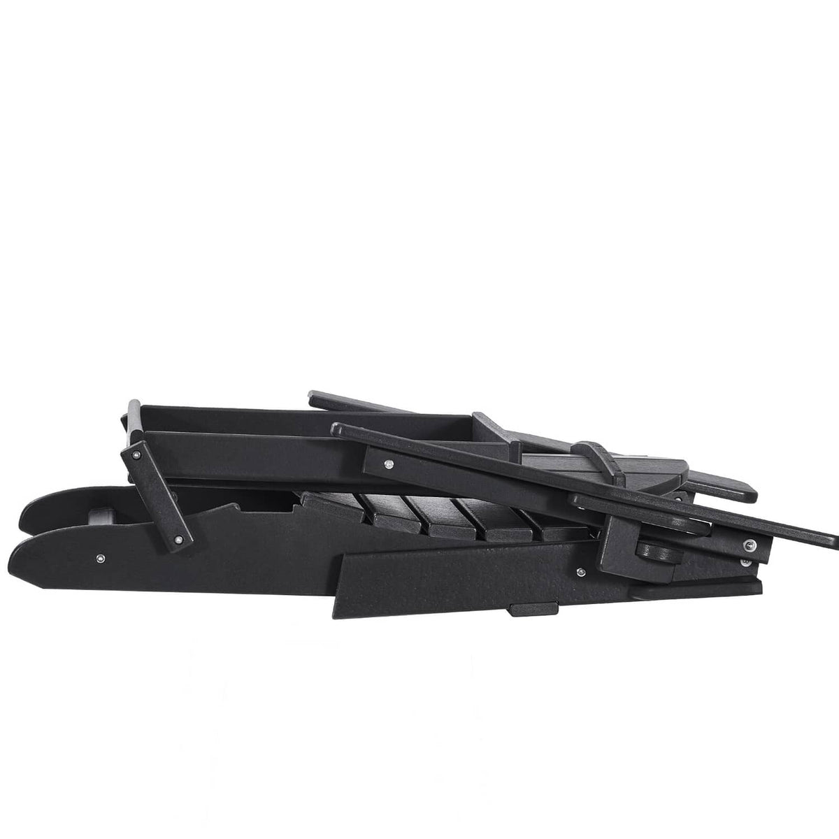 Black folding patio lounge chairs, set of 2, shown folded with support arms