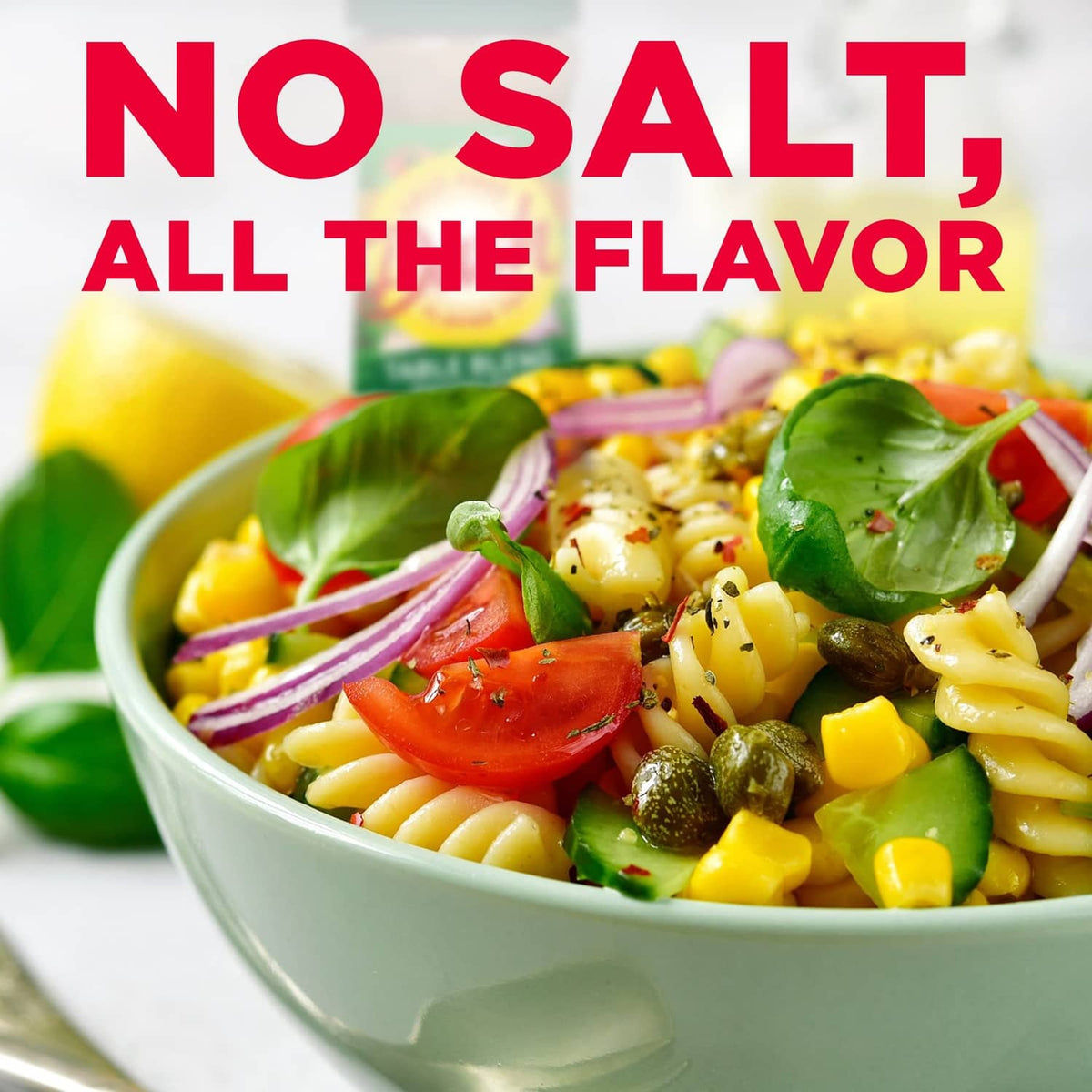 Salt-free table seasoning blend marketing panel with a bowl of colorful salad.