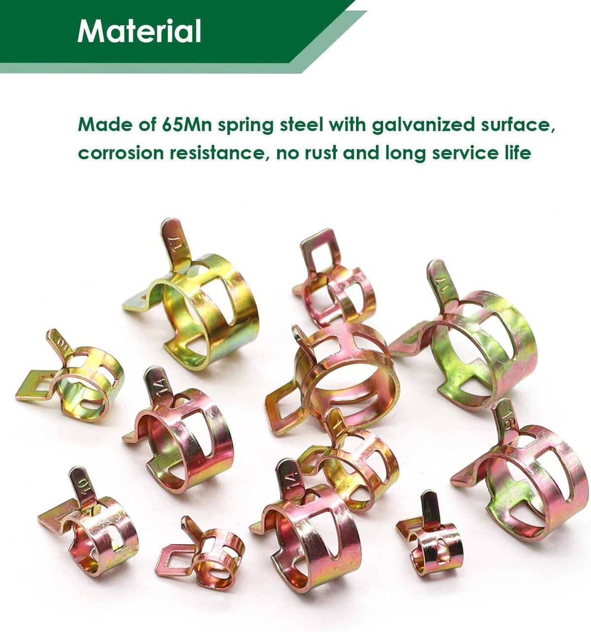 Spring hose clamps made of spring steel with galvanized finish, assorted sizes