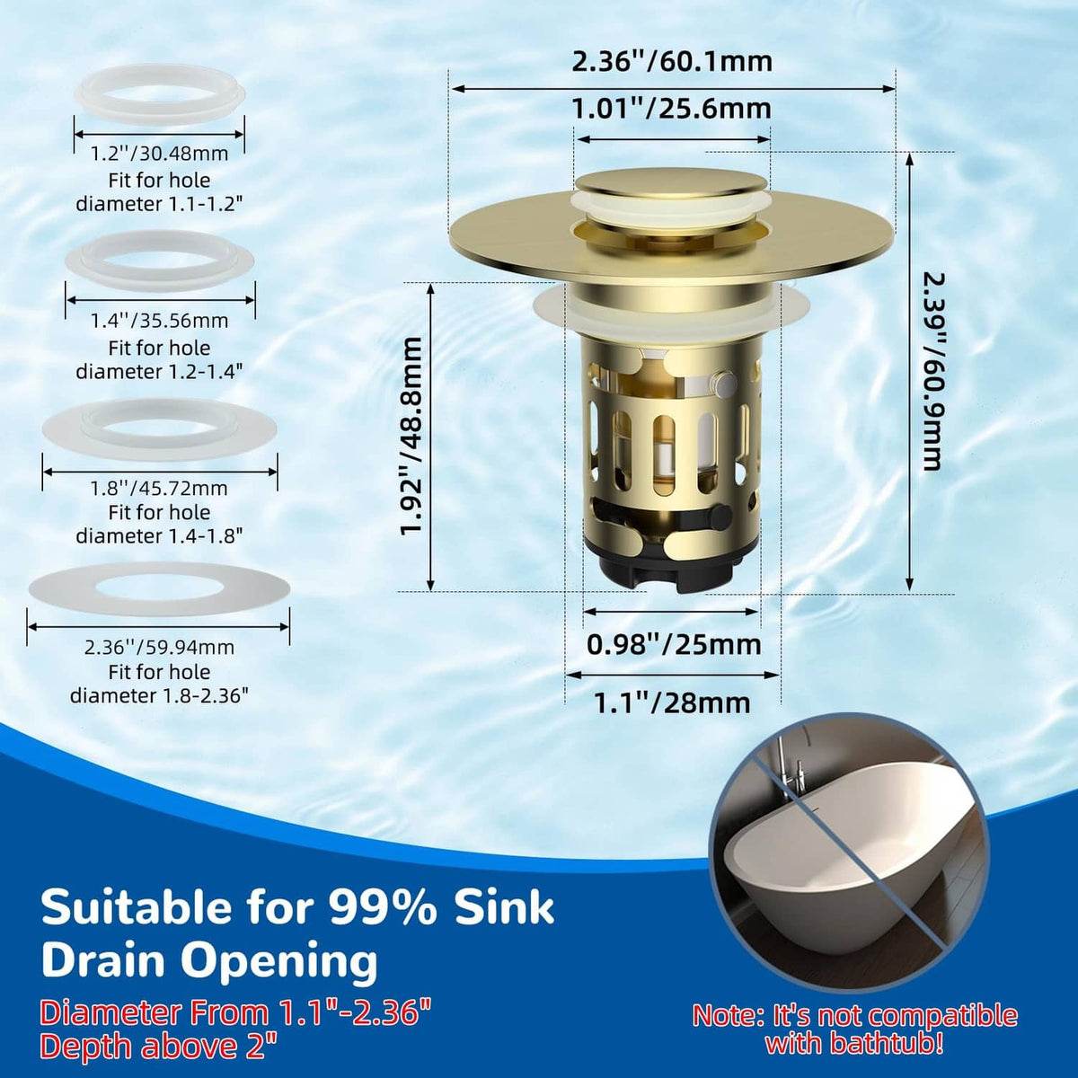 Brushed gold bathroom sink pop-up drain strainer with top cover and metal filter basket