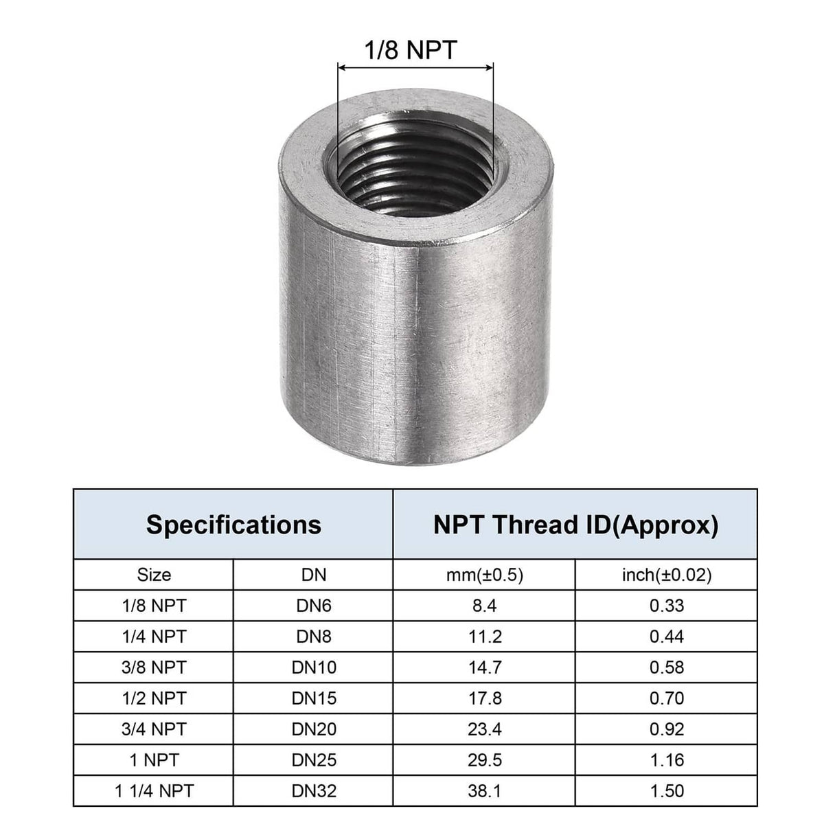 304 stainless steel weld coupling with female NPT inlet opening