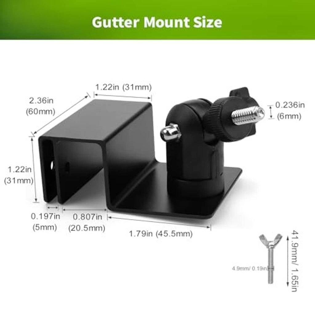 Black gutter mount bracket with size indicators and adjustable screw clamp