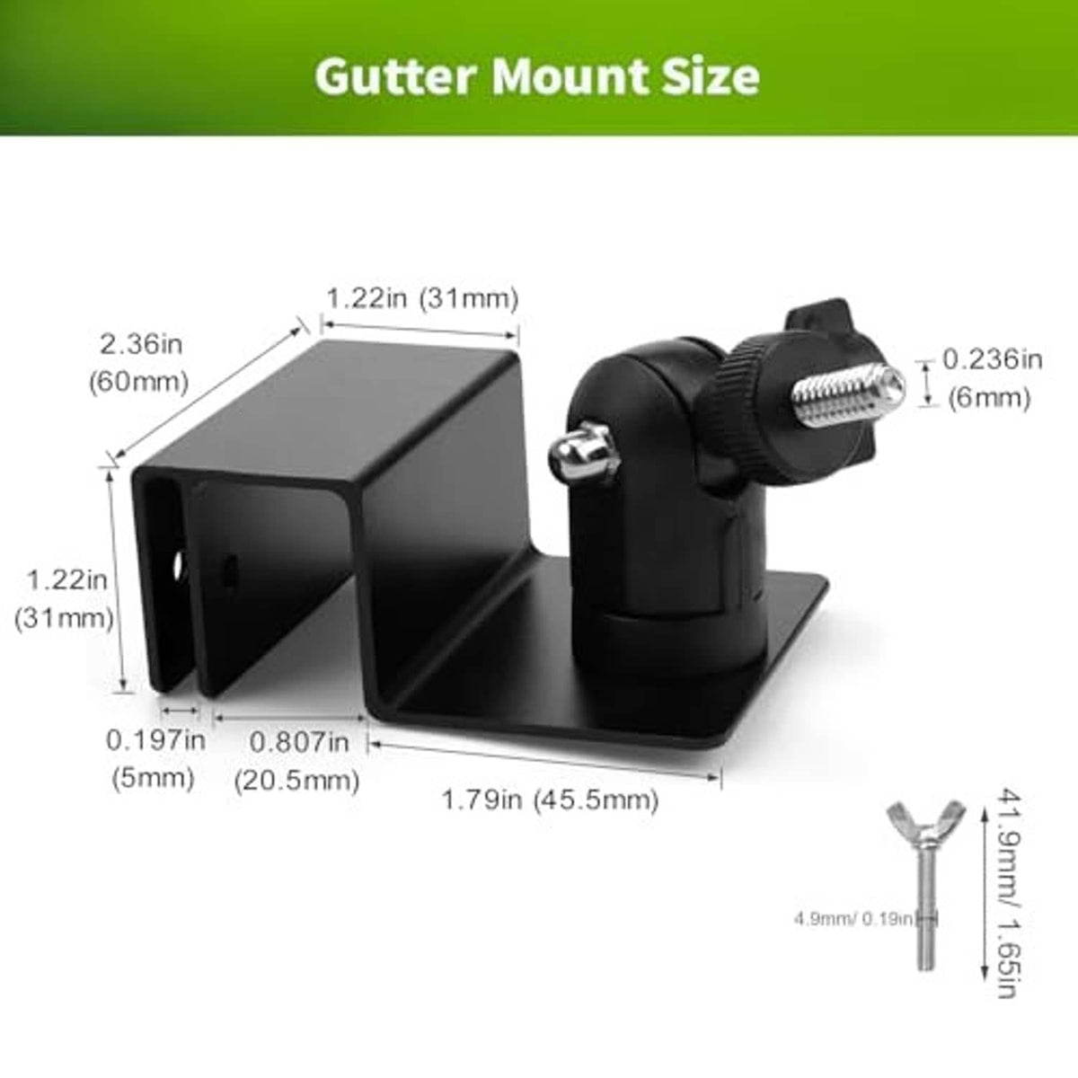 Black gutter mount bracket with size indicators and adjustable screw clamp