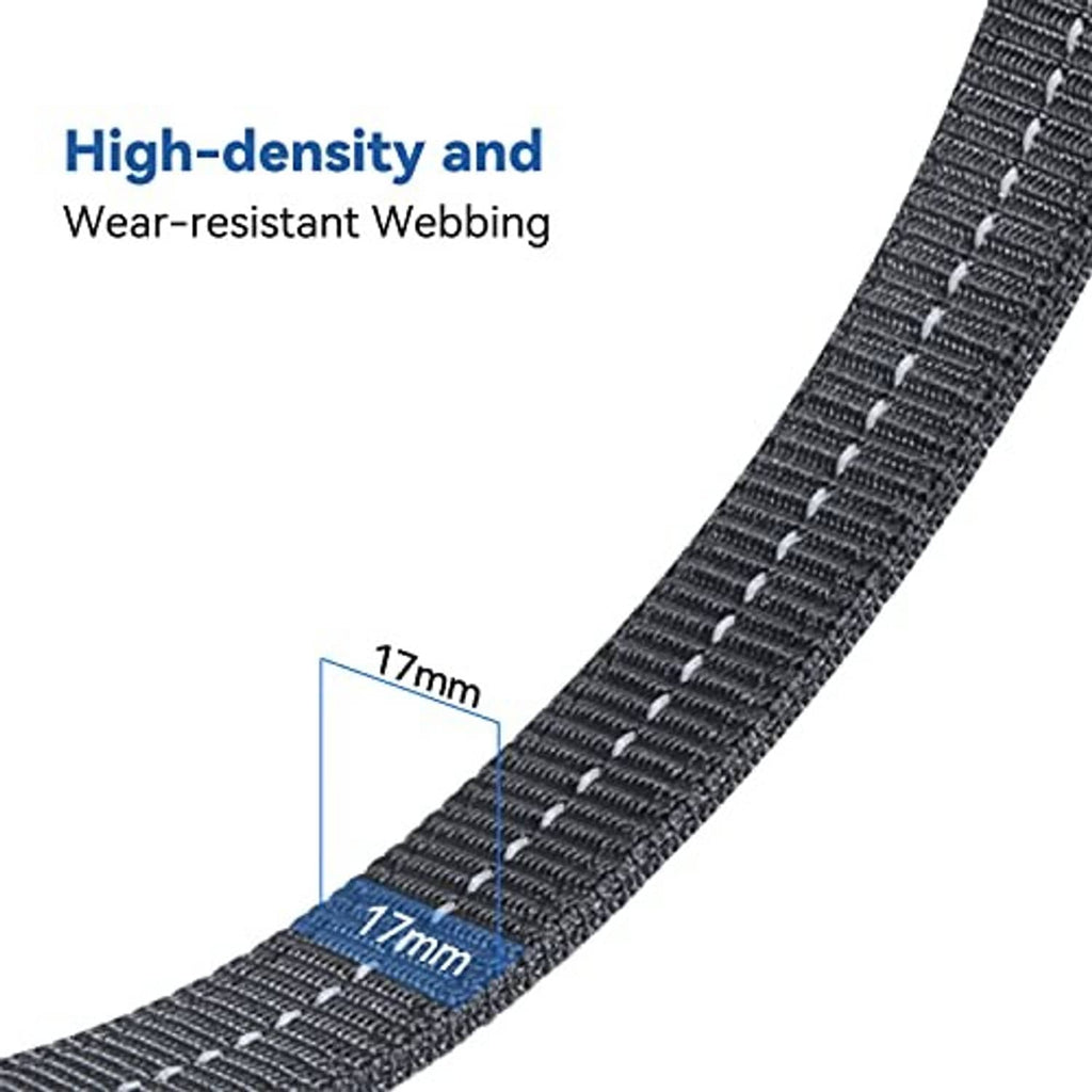 Black reinforced webbing ladder strap with stitched loop sections and durable weave