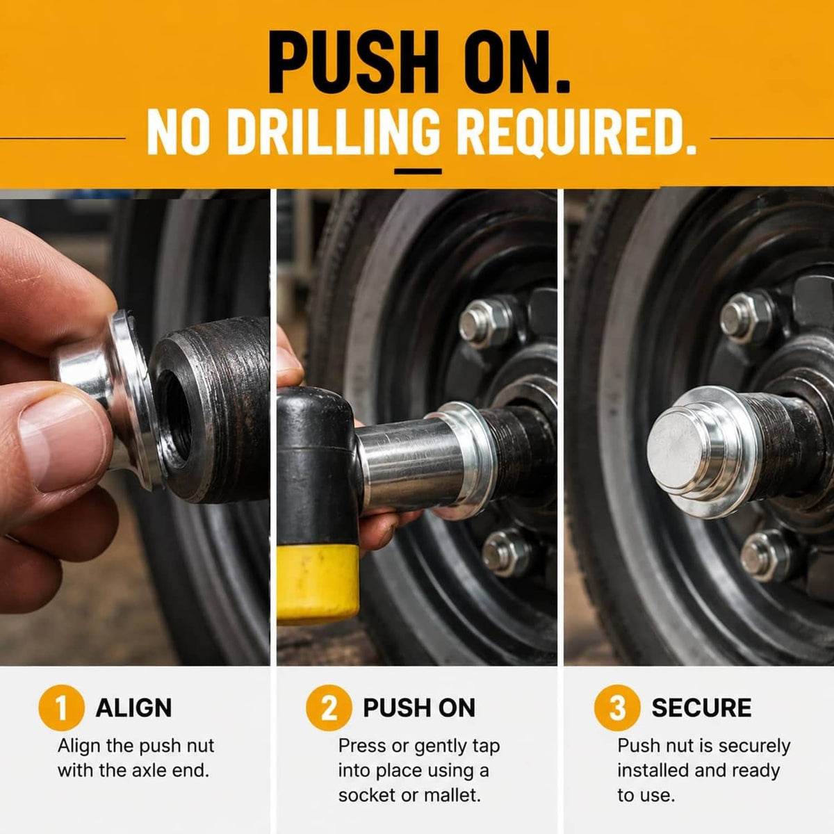 Hand holds a silver top-hat pushnut axle cap for push-on installation on a shaft