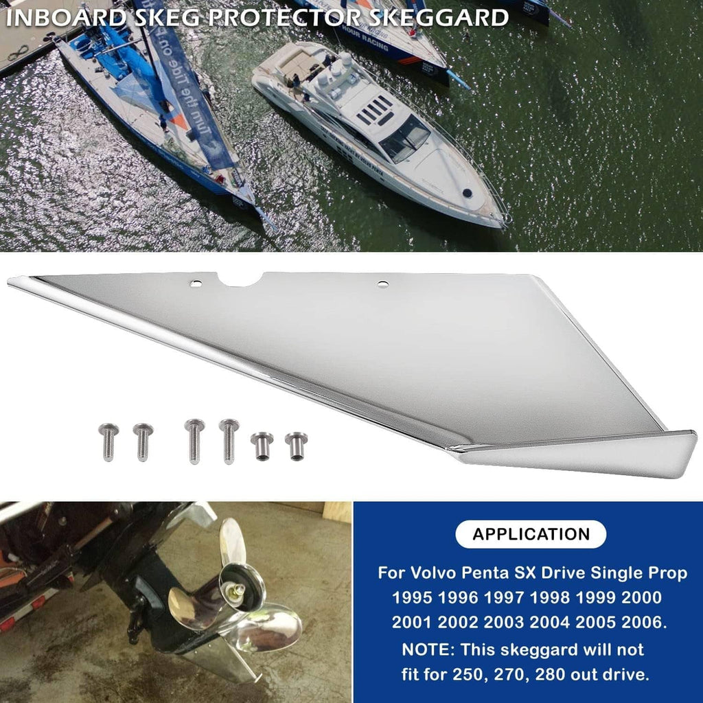 Silver skeg guard protector plate with screws and bolt hardware shown