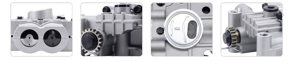 Engine oil balance shaft pump assembly shown in multiple angles and close-up details