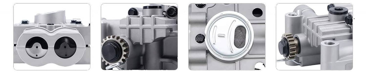 Engine oil balance shaft pump assembly shown in multiple angles and close-up details