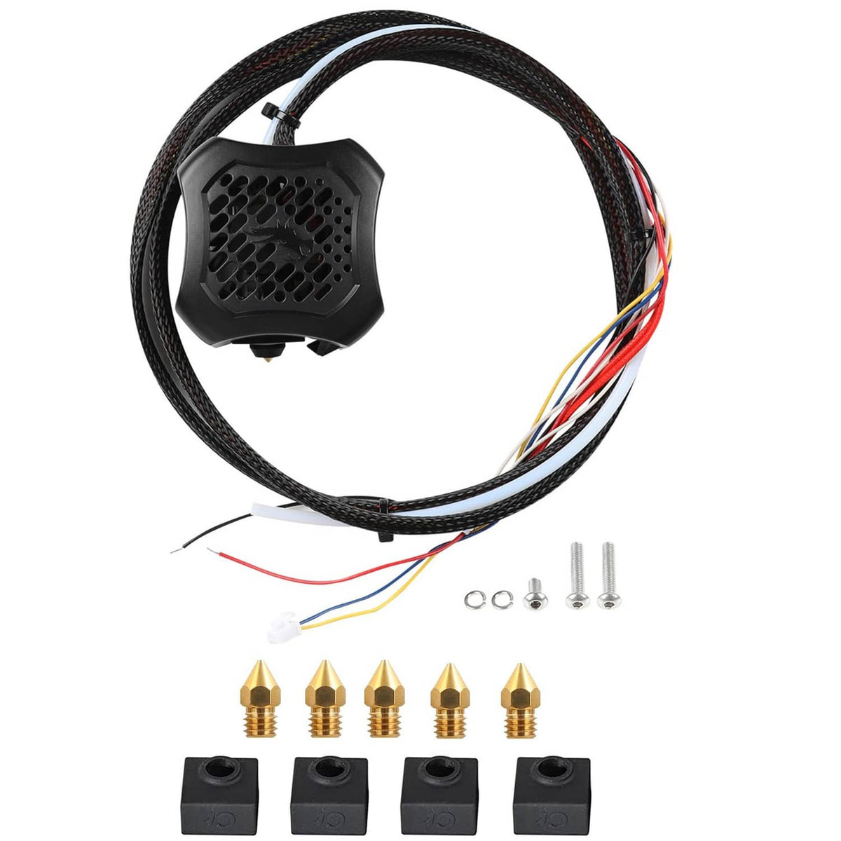 Black full hotend kit with braided cable, cooling fan, and brass nozzles