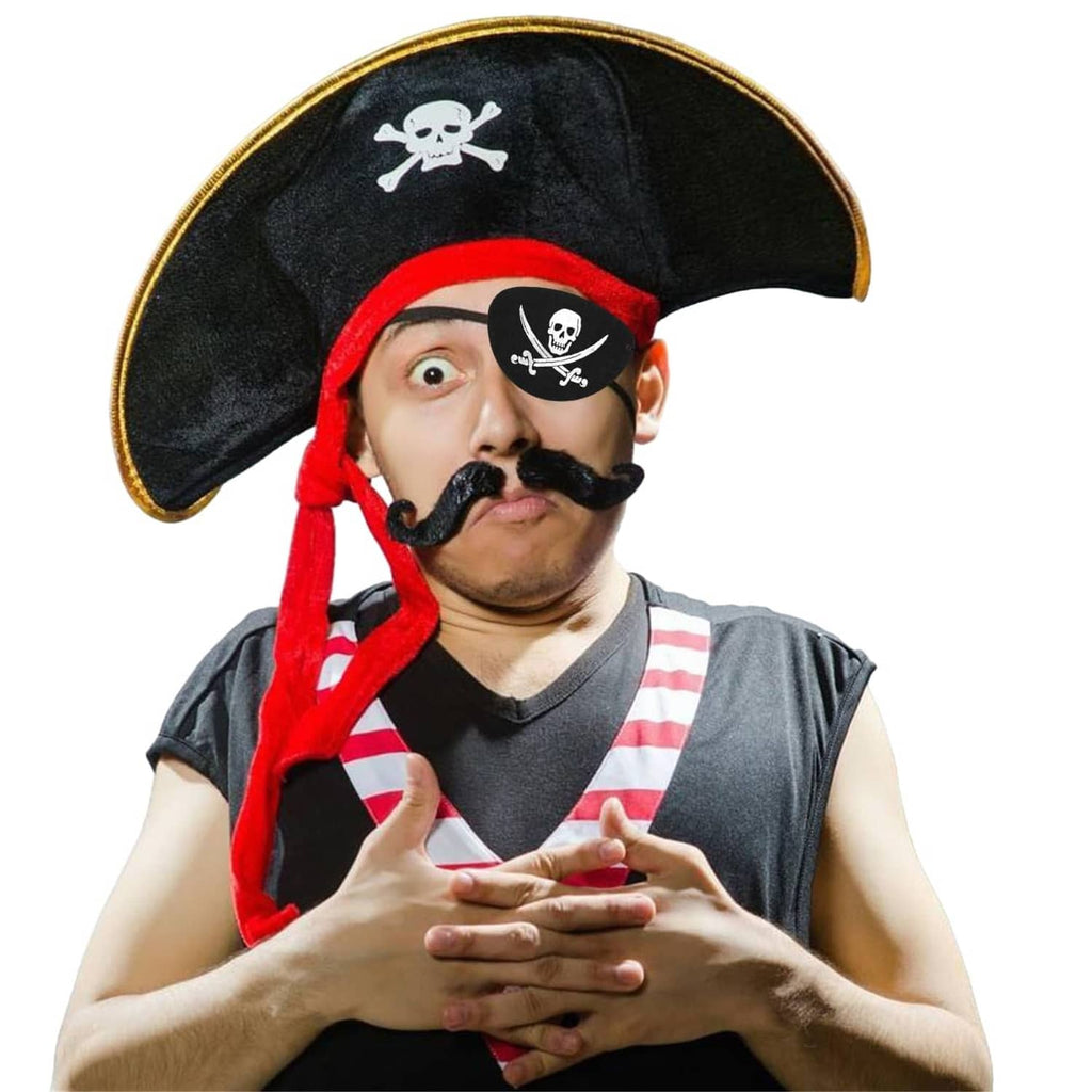 Pirate tricorn hat with white skull print, gold trim, red band and long red dangling ties