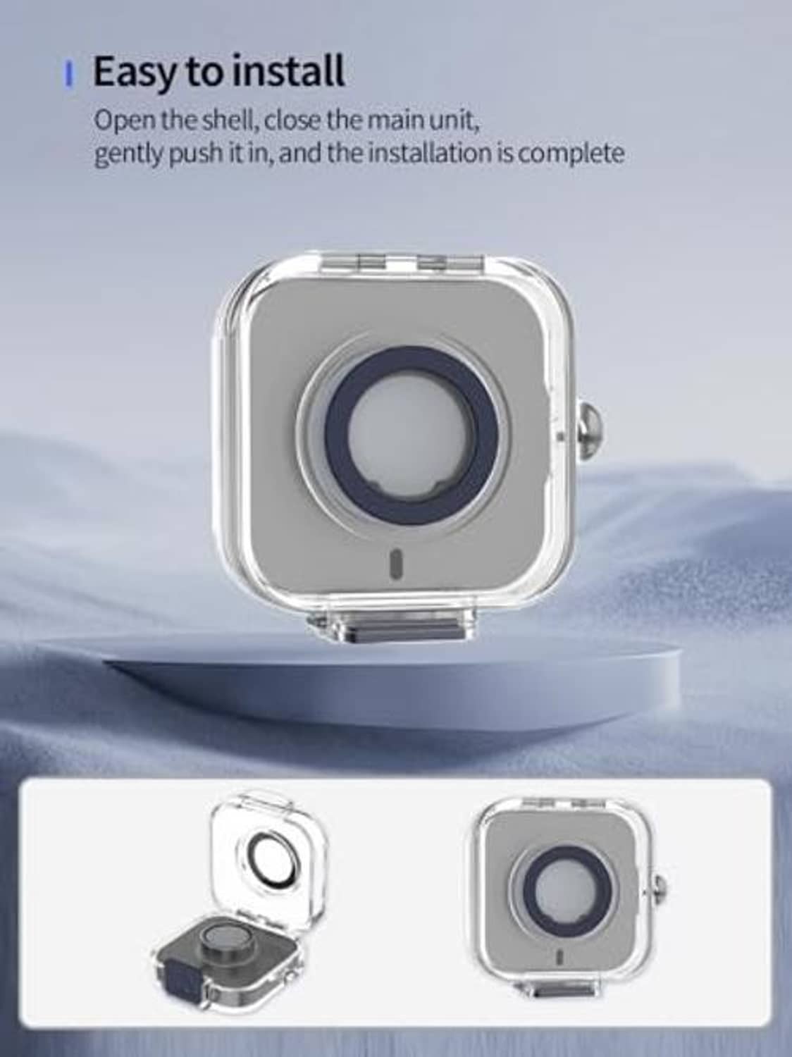 Clear shockproof charger case with blue circular insert and hinged clasp, with charger dock