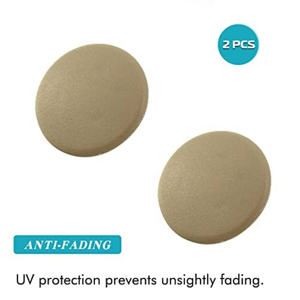Two beige armrest cover caps, oval pads with plastic clip base, pair