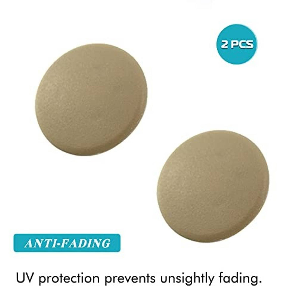 Two beige armrest cover caps, oval pads with plastic clip base, pair