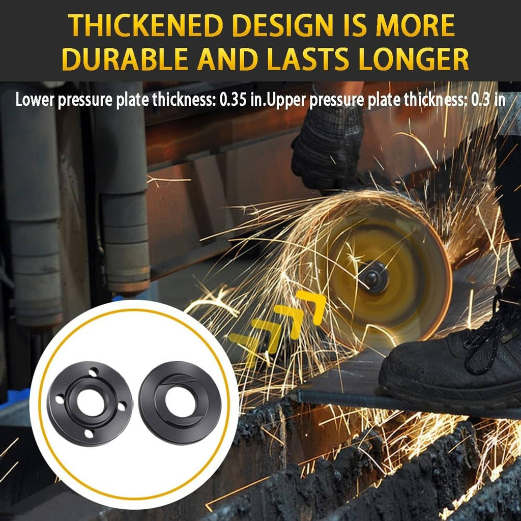 Black flange pressure plates with central holes, shown with an angle grinder and sparks
