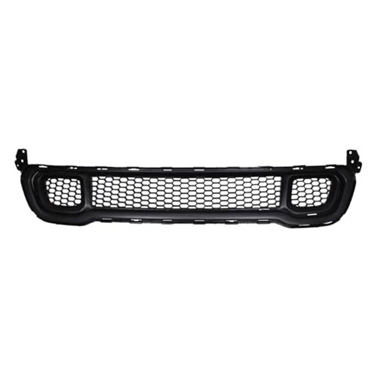 Black single-piece grille with honeycomb mesh center and corner mesh openings